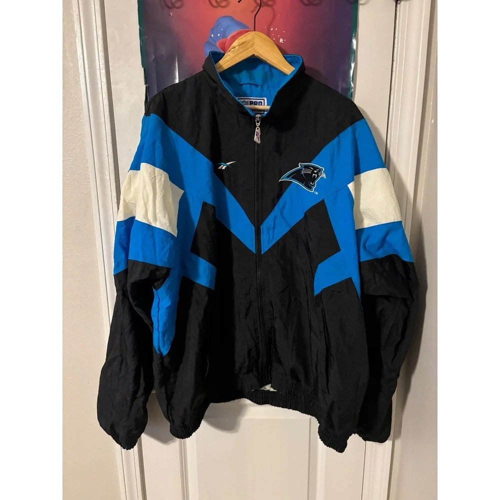 Vintage Reebok NFL Pro Line Carolina Panthers Windbreaker Jacket XXL Black Blue